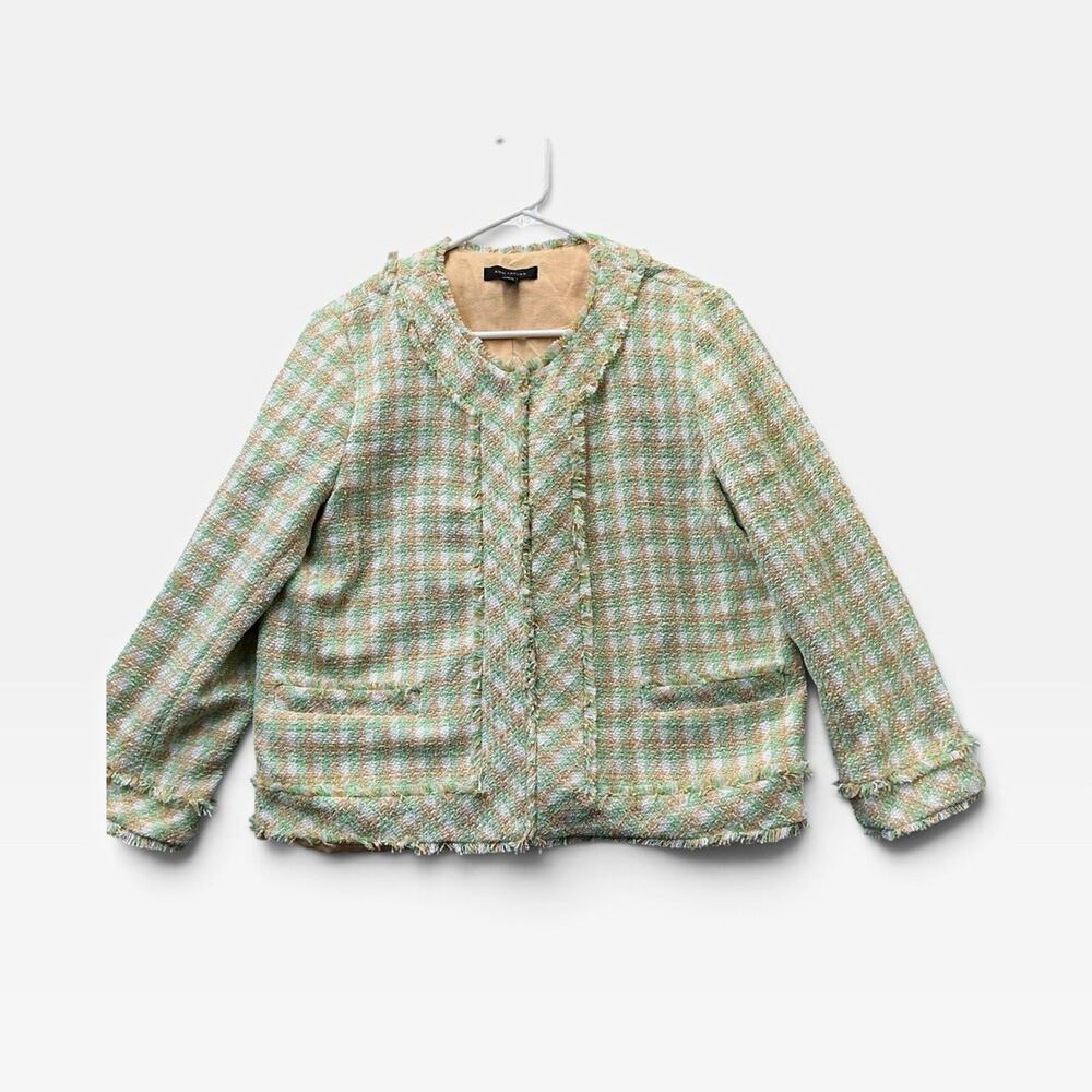 Ann Taylor Women’s Green Beige White Plaid Lined Fringe Jacket Size 12